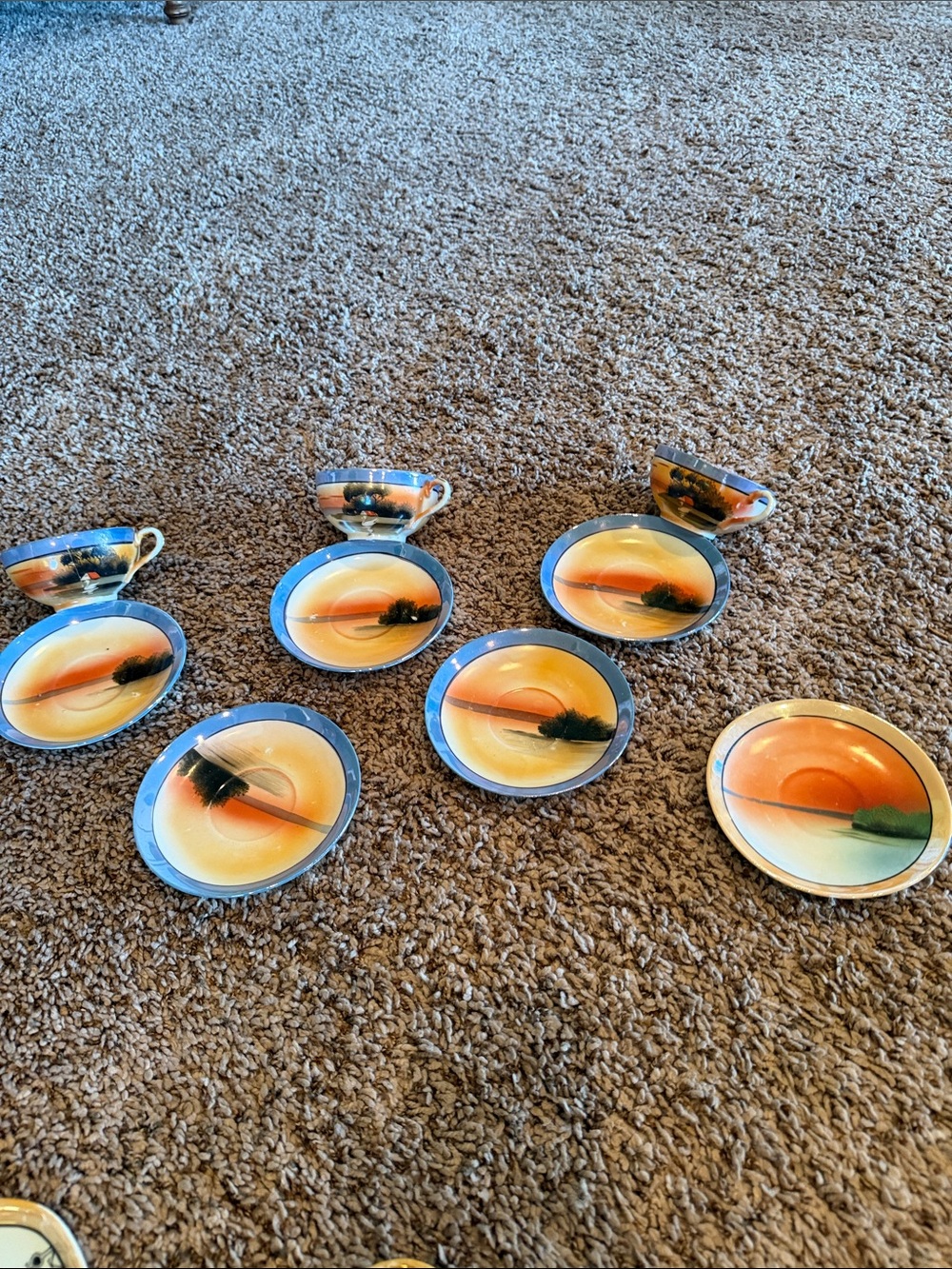 Vintage Ceramic Tea Cup and Saucer Set in Blue, Orange and Green